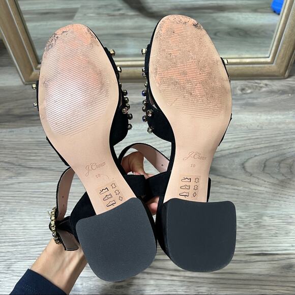 J. Crew Embellished Penny Heeled Sandals Black Suede sz 10 - Picture 7 of 9